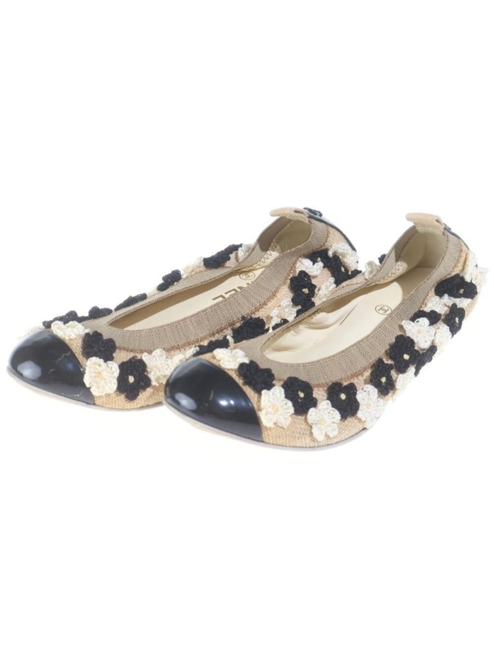 Chanel Camellia CC Logo Ballet Canvas Patent Flat Shoes Black Beige